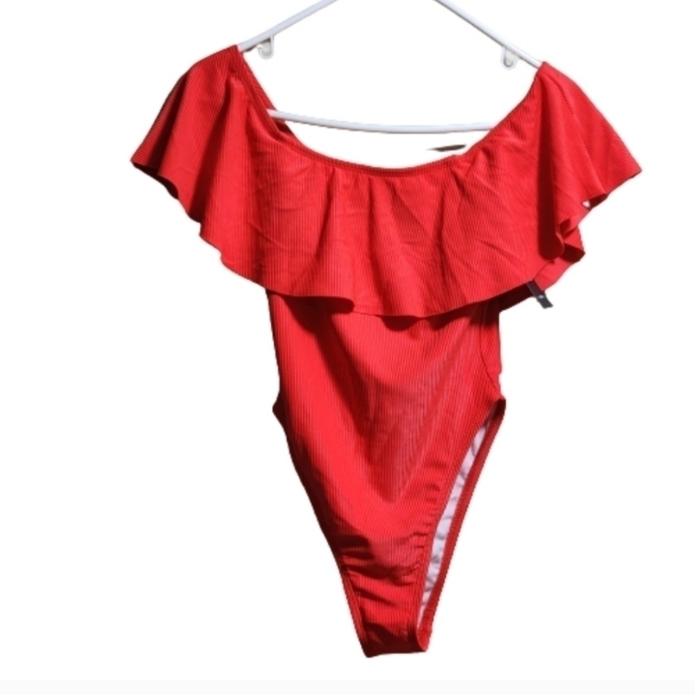 Fashion nova one piece swimming suit with ruffle color red size small